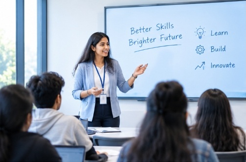 An instructor presenting on the whiteboard to the class