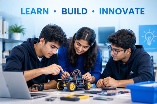 Students collaborating hands-on on a robotics and tech project